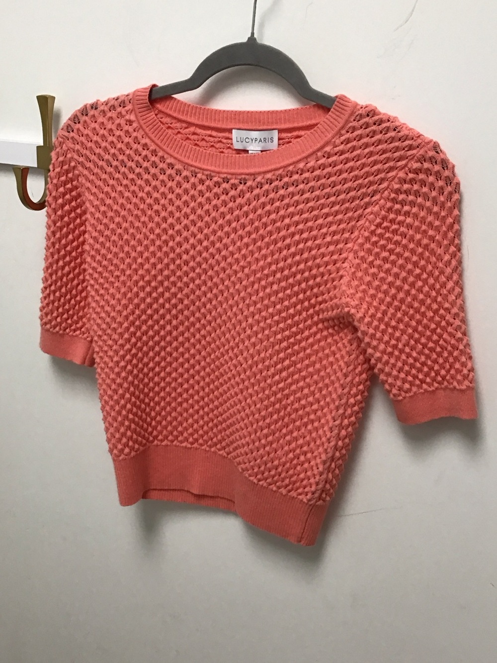Lucy Paris Coral Pink Textured Short-Sleeve Sweater pucker knit.